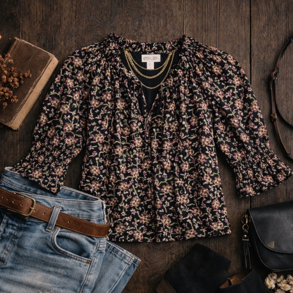 Rachel Zoe Floral Paisley Peasant Blouse Black Pink Smocked Sleeve XS